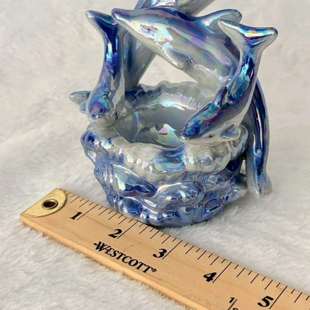 Iridescent Blue Ceramic Dolphin Family Statue Nautical Beach House Decor Vintage